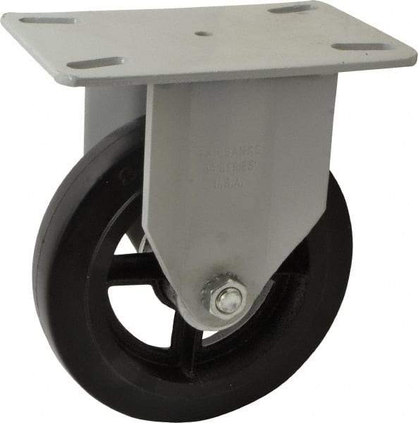 Fairbanks - 8" Diam x 2" Wide x 9-3/4" OAH Top Plate Mount Rigid Caster - Rubber, 1,000 Lb Capacity, Roller Bearing, 5-1/2 x 8-1/4" Plate - Benchmark Tooling