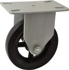 Fairbanks - 8" Diam x 2" Wide x 9-3/4" OAH Top Plate Mount Rigid Caster - Rubber, 1,000 Lb Capacity, Roller Bearing, 5-1/2 x 8-1/4" Plate - Benchmark Tooling