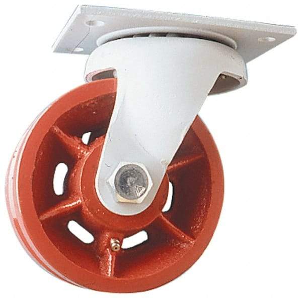 Fairbanks - 8" Diam x 2-1/2" Wide x 10" OAH Top Plate Mount Swivel Caster - Ductile Iron, 2,500 Lb Capacity, Roller Bearing, 5 x 6-1/2" Plate - Benchmark Tooling