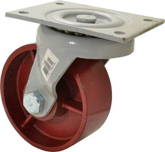Fairbanks - 6" Diam x 2-1/2" Wide x 7-3/4" OAH Top Plate Mount Swivel Caster - Ductile Iron, 2,500 Lb Capacity, Roller Bearing, 5 x 6-1/2" Plate - Benchmark Tooling