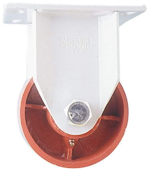 Fairbanks - 8" Diam x 2-1/2" Wide x 10" OAH Top Plate Mount Rigid Caster - Ductile Iron, 2,500 Lb Capacity, Roller Bearing, 5 x 6-1/2" Plate - Benchmark Tooling