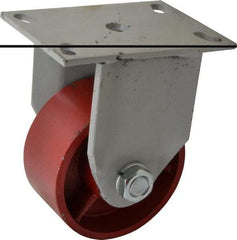 Fairbanks - 5" Diam x 2-1/2" Wide x 7-1/4" OAH Top Plate Mount Rigid Caster - Ductile Iron, 2,500 Lb Capacity, Roller Bearing, 5 x 6-1/2" Plate - Benchmark Tooling