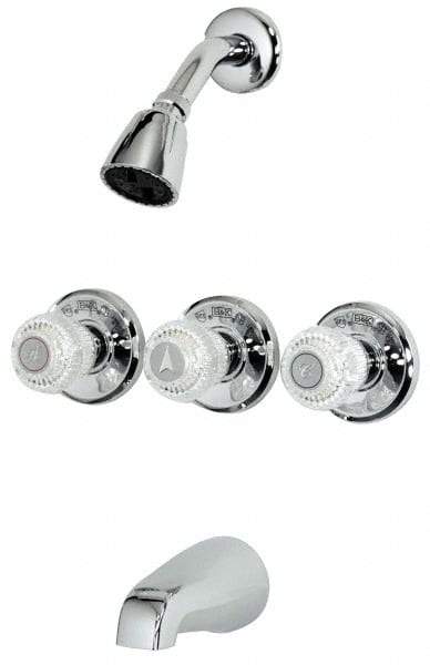 B&K Mueller - Concealed, Three Handle, Chrome Coated, Brass, Valve, Shower Head and Tub Faucet - Knob Handles, 8 Inch Mounting Centers, Acrylic Handles - Benchmark Tooling