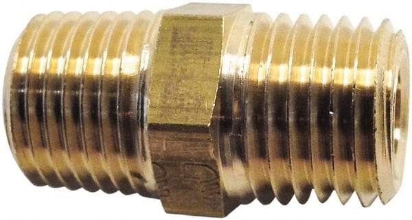 Legris - 1/4 x 1/8 Male Thread, Brass Industrial Pipe Hex Nipple - MBSPT, 1,450 psi - Benchmark Tooling