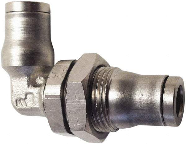 Legris - 5/32" Outside Diam, Nickel Plated Brass Push-to-Connect Tube Bulkhead Union Elbow - 435 Max psi, Tube to Tube Connection, FKM O-Ring - Benchmark Tooling