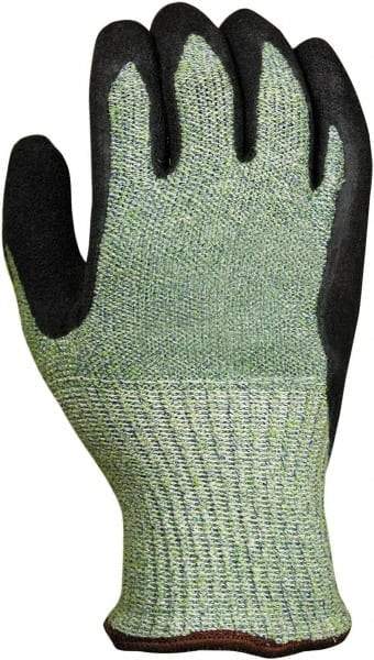 PRO-SAFE - Size S (7), ANSI Cut Lvl 5, Abrasion Lvl 4, Latex Coated HPPE Fiber/Stainless Steel Cut Resistant Gloves - 9.5" Long, Palm & Fingers Coated, Continuous Knit Cuff, Green/Black, Paired - Benchmark Tooling