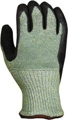 PRO-SAFE - Size S (7), ANSI Cut Lvl 5, Abrasion Lvl 4, Latex Coated HPPE Fiber/Stainless Steel Cut Resistant Gloves - 9.5" Long, Palm & Fingers Coated, Continuous Knit Cuff, Green/Black, Paired - Benchmark Tooling