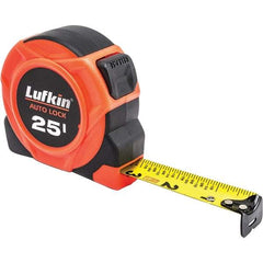 Lufkin - 25' x 1" Yellow Stainless Steel Blade Tape Measure - 1/16" & Decimal Graduation, Orange/Black ABS Plastic Case - Benchmark Tooling