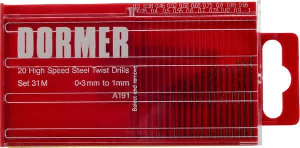 DORMER - 0.3 to 1mm, 118° Point, Oxide Finish, High Speed Steel Jobber Length Drill Bit Set - Benchmark Tooling