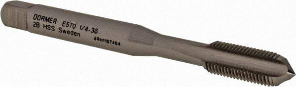 DORMER - 1/4-36 UN 2B 3 Flute Bright Finish High Speed Steel Straight Flute Machine Tap - Bottoming, Right Hand Thread, 66mm OAL, 13mm Thread Length, Oversize - Exact Industrial Supply