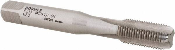 DORMER - M10x1.00 Metric Fine 6H 3 Flute Bright Finish High Speed Steel Straight Flute Machine Tap - Bottoming, Right Hand Thread, 80mm OAL, 18mm Thread Length, Oversize - Exact Industrial Supply