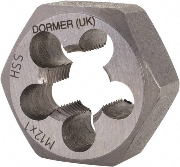 DORMER - M12x1.00 Metric Fine Thread, Right Hand Thread, Hex Rethreading Die - High Speed Steel, 7/16" Thick, Series F312 - Exact Industrial Supply