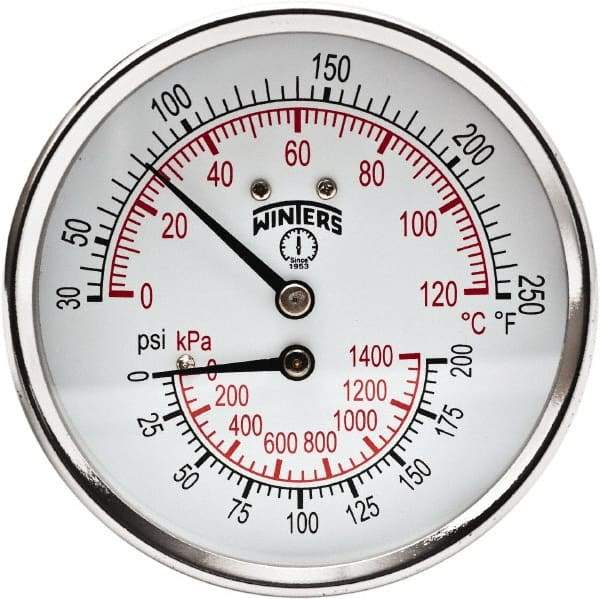 Winters - 3" Dial, 1/2 Thread, 0-200 Scale Range, Pressure Gauge - Center Back Connection Mount, Accurate to 0.03% of Scale - Benchmark Tooling