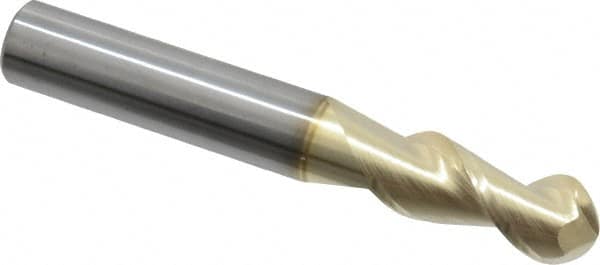 Accupro - 10mm Diam, 24mm LOC, 2 Flute Solid Carbide Ball End Mill - ZrN Finish, Single End, 70mm OAL, 10mm Shank Diam, Spiral Flute - Benchmark Tooling