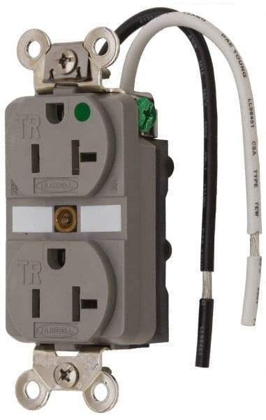 Hubbell Wiring Device-Kellems - 125 VAC, 20 Amp, 5-20R NEMA Configuration, Gray, Hospital Grade, Self Grounding Duplex Receptacle - 1 Phase, 2 Poles, 3 Wire, Flush Mount, Chemical, Corrosion and Impact Resistant, Tamper Resistant - Benchmark Tooling