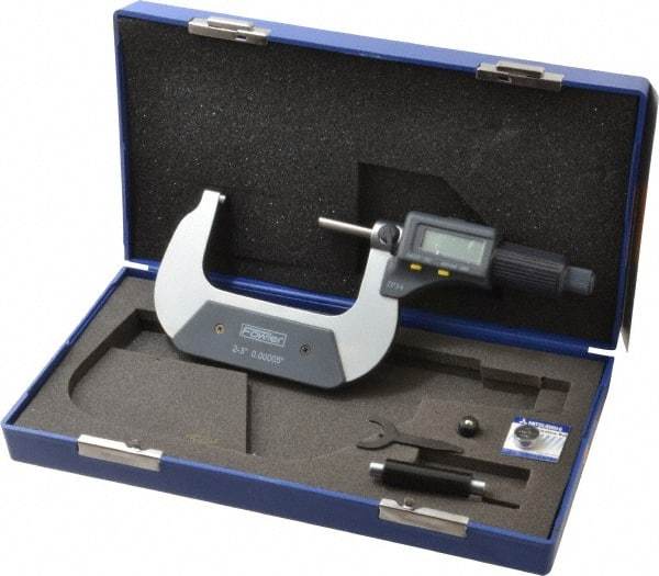 Fowler - 2 to 3 Inch Range, 0.0001 Inch Resolution, Standard Throat, IP54 Electronic Outside Micrometer - 0.0002 Inch Accuracy, Friction Thimble, 357 Battery, Data Output, Includes Case and Wrench - Benchmark Tooling