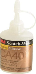 3M - 1 oz Bottle Yellow Instant Adhesive - Series CA40, 3 to 20 sec Fixture Time, 24 hr Full Cure Time, Bonds to Cardboard, Cork Board, Fabric, Fiberglass, Foam, Metal, Plastic, Rubber & Vinyl - Benchmark Tooling