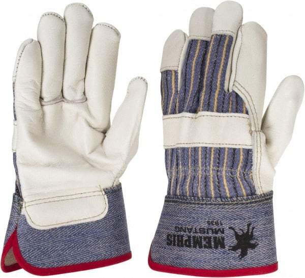 MCR Safety - Size S (7) Grain Cowhide General Protection Work Gloves - For Work & Driver, Uncoated, Safety Cuff, Full Fingered, White/Blue/Black/Yellow, Paired - Benchmark Tooling