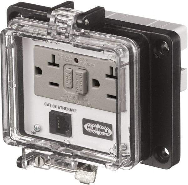 Hubbell Wiring Device-Kellems - 1 Port, 3 Power Receptacle, Ethernet, Clear Data Port Receptacle - 4.79 Inch Long x 1.61 Inch Deep x 5.8 Inch Wide, Aluminum, Surface Mount, Gray - Benchmark Tooling