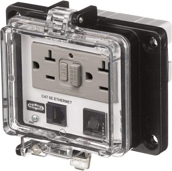 Hubbell Wiring Device-Kellems - 1 Port, 3 Power Receptacle, Ethernet, Clear Data Port Receptacle - 4.79 Inch Long x 1.61 Inch Deep x 5.08 Inch Wide, Aluminum, Surface Mount, Gray - Benchmark Tooling