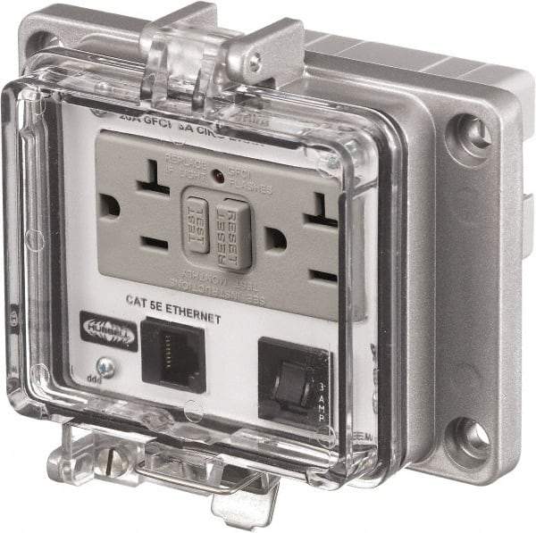 Hubbell Wiring Device-Kellems - 1 Port, 3 Power Receptacle, Ethernet, Clear Data Port Receptacle - 4.79 Inch Long x 1.61 Inch Deep x 5.08 Inch Wide, Aluminum, Surface Mount, Gray - Benchmark Tooling