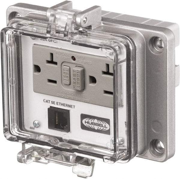 Hubbell Wiring Device-Kellems - 1 Port, 3 Power Receptacle, Ethernet, Clear Data Port Receptacle - 4.79 Inch Long x 1.61 Inch Deep x 5.08 Inch Wide, Aluminum, Surface Mount, Gray - Benchmark Tooling