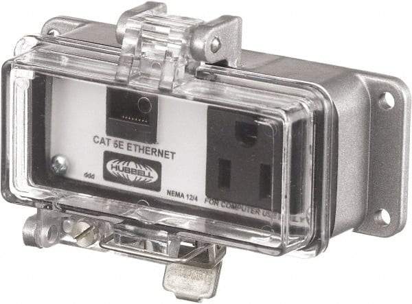 Hubbell Wiring Device-Kellems - 1 Port, 1 Power Receptacle, Ethernet, Clear Data Port Receptacle - 3.2 Inch Long x 1.6 Inch Deep x 4.45 Inch Wide, Aluminum, Surface Mount, Gray - Benchmark Tooling