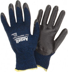 Ansell - Size M, ANSI Cut Lvl A4, Abrasion Lvl 5, Cut Resistant Gloves - Palm Coated, Black/Blue - Benchmark Tooling