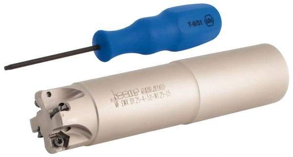 Iscar - 30° Lead Angle, 1-1/4" Max Cut Diam, 0.88" Min Cut Diam, 0.08" Max Depth of Cut, Indexable Chamfer and Angle End Mill - 4 Inserts, H600 WXCU 05 Insert Style, 5-1/2" Overall Length, Through Coolant, Straight Shank - Benchmark Tooling