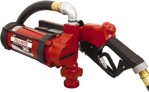 Tuthill - 25 GPM, 1" Hose Diam, DC High Flow Tank Pump with Automatic Nozzle - 1-1/4" Inlet, 1" Outlet, 12 VDC, 18' Hose Length, 1/2 hp - Benchmark Tooling