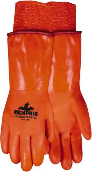 MCR Safety - Size L (9), 14" Long, 28 mil Thick, Supported, PVC Chemical Resistant Gloves - Smooth Finish, Fleece/Jersey Lined, Orange - Benchmark Tooling