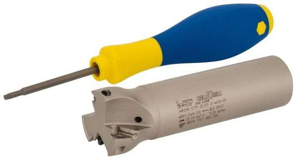 Iscar - 1-1/4" Cut Diam, 0.315" Max Depth of Cut, 1" Shank Diam, 4" OAL, Indexable Square Shoulder Helical End Mill - HM390 TPKT 1003 Inserts, Weldon Shank, 90° Lead Angle, Through Coolant, Series HeliIQMill - Benchmark Tooling