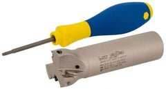 Iscar - 1-1/4" Cut Diam, 0.315" Max Depth of Cut, 1" Shank Diam, 4" OAL, Indexable Square Shoulder Helical End Mill - HM390 TPKT 1003 Inserts, Weldon Shank, 90° Lead Angle, Through Coolant, Series HeliIQMill - Benchmark Tooling