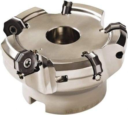 Seco - 59mm Cut Diam, 22mm Arbor Hole, 3mm Max Depth of Cut, 40° Indexable Chamfer & Angle Face Mill - 4 Inserts, ON.. 0504 Insert, Right Hand Cut, 4 Flutes, Through Coolant, Series Double OctoMill - Benchmark Tooling