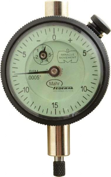 Mahr - 0.075" Range, 0-15-0 Dial Reading, 0.0005" Graduation Dial Drop Indicator - 1-3/4" Dial, 0.03" Range per Revolution, 0.0005" Accuracy, Revolution Counter - Benchmark Tooling