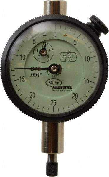 Mahr - 1/8" Range, 0-25-0 Dial Reading, 0.001" Graduation Dial Drop Indicator - 1-3/4" Dial, 0.05" Range per Revolution, 0.001" Accuracy, Revolution Counter - Benchmark Tooling