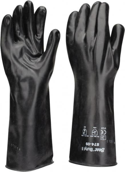 SHOWA - Size L (9), 14" Long, 14 mil Thick, Butyl Chemical Resistant Gloves - Smooth Finish, Rolled Cuff, ANSI Abrasion Level 0, ANSI Cut Level 0, ANSI Puncture Level 0, Black - Benchmark Tooling