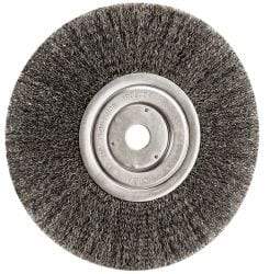 Weiler - 8" OD, 3/4" Arbor Hole, Crimped Steel Wheel Brush - 1/2" Face Width, 2-1/16" Trim Length, 0.0118" Filament Diam, 6,000 RPM - Benchmark Tooling