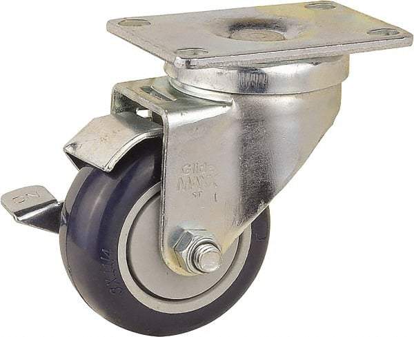 Value Collection - 3" Diam x 1-1/4" Wide x 4-3/8" OAH Top Plate Mount Swivel Caster with Brake - Polyurethane, 300 Lb Capacity, Ball Bearing, 2-7/8 x 3-5/8" Plate - Benchmark Tooling