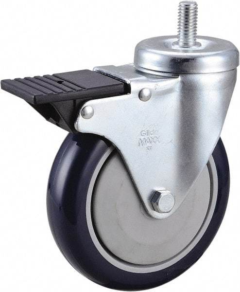 Value Collection - 5" Diam x 1-1/4" Wide x 6-15/32" OAH Stem Mount Swivel Caster with Brake - Polyurethane, 300 Lb Capacity, Ball Bearing, 1/2-13 x 1" Threaded Stem - Benchmark Tooling