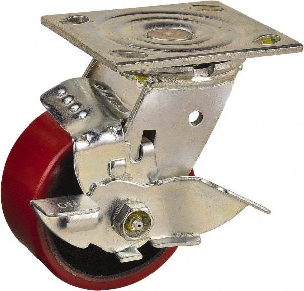 Value Collection - 4" Diam x 2" Wide x 5-5/8" OAH Top Plate Mount Swivel Caster with Brake - Polyurethane, 700 Lb Capacity, Roller Bearing, 4 x 4-1/2" Plate - Benchmark Tooling