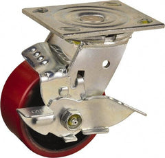 Value Collection - 4" Diam x 2" Wide x 5-5/8" OAH Top Plate Mount Swivel Caster with Brake - Polyurethane, 700 Lb Capacity, Roller Bearing, 4 x 4-1/2" Plate - Benchmark Tooling