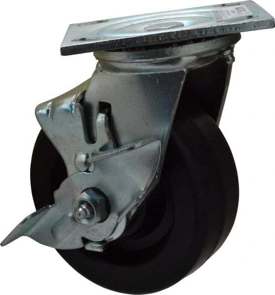 Value Collection - 5" Diam x 2" Wide x 6-1/2" OAH Top Plate Mount Swivel Caster with Brake - Phenolic, 1,000 Lb Capacity, Roller Bearing, 4 x 4-1/2" Plate - Benchmark Tooling
