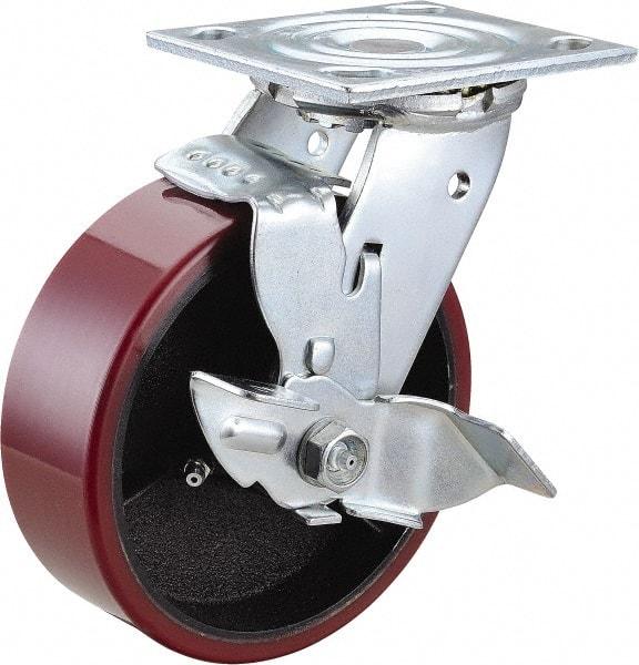 Value Collection - 6" Diam x 2" Wide x 7-1/2" OAH Top Plate Mount Swivel Caster with Brake - Polyurethane, 1,200 Lb Capacity, Roller Bearing, 4 x 4-1/2" Plate - Benchmark Tooling