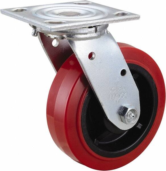 Value Collection - 6" Diam x 2" Wide x 7-1/2" OAH Top Plate Mount Swivel Caster - Polyurethane, 600 Lb Capacity, Roller Bearing, 4 x 4-1/2" Plate - Benchmark Tooling