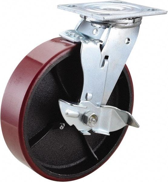 Value Collection - 8" Diam x 2" Wide x 9-1/2" OAH Top Plate Mount Swivel Caster with Brake - Polyurethane, 1,200 Lb Capacity, Roller Bearing, 4 x 4-1/2" Plate - Benchmark Tooling