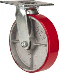 Fairbanks - 8" Diam x 2" Wide x 9-1/4" OAH Top Plate Mount Swivel Caster - Polyurethane, 1,200 Lb Capacity, Roller Bearing, 4-1/2 x 6-1/4" Plate - Benchmark Tooling