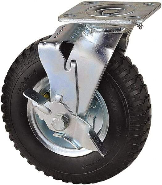 Value Collection - 8" Diam x 2" Wide, Pneumatic Swivel with Brake Caster - 300 Lb Capacity, Top Plate Mount, 4" x 4-1/2" Plate, Sealed Ball Bearing - Benchmark Tooling