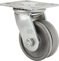 Value Collection - 4" Diam x 1-1/2" Wide, Metal With Groove Swivel Caster - 600 Lb Capacity, Top Plate Mount, 4" x 4-1/2" Plate, Roller Bearing - Benchmark Tooling