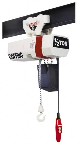 Coffing - 1 Ton Capacity, 16 FPM Lift Speed, Electric Chain Hoist - 20' Max Lift, 17-11/32" Min Headroom, 1 Chain - Benchmark Tooling